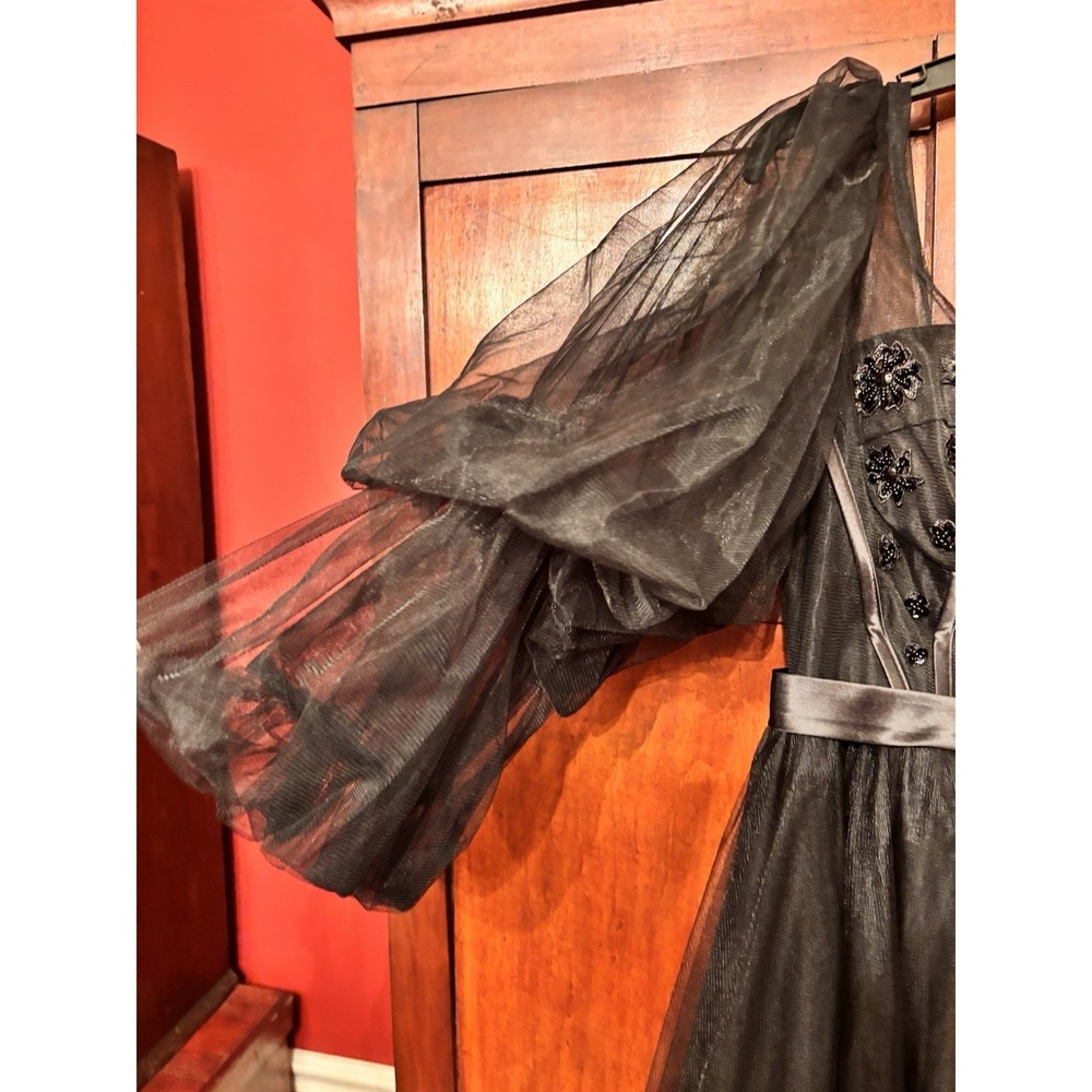 Vintage Black Tulle Ball Gown Dress Beaded Corset Lace Up Puff Sleeves Size 1O - Picture 4 of 9